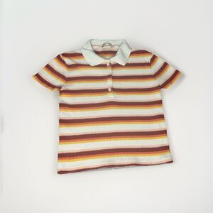 Retro Striped Polo Knit Top Medium Vintage Fall Collared Shirt 70s Y2K Short